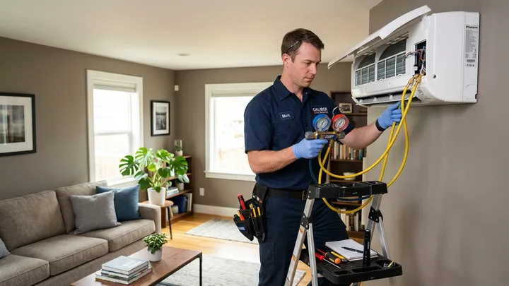 Air conditioning technician using diagnostic pressure gauges to service a residential split AC unit