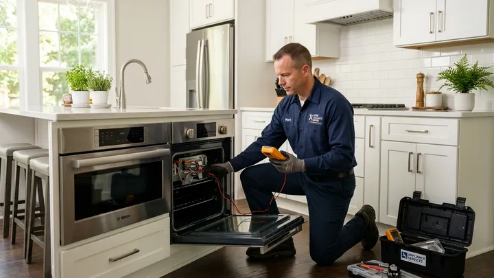 Professional home appliance repair technician inspecting appliances with diagnostic equipment