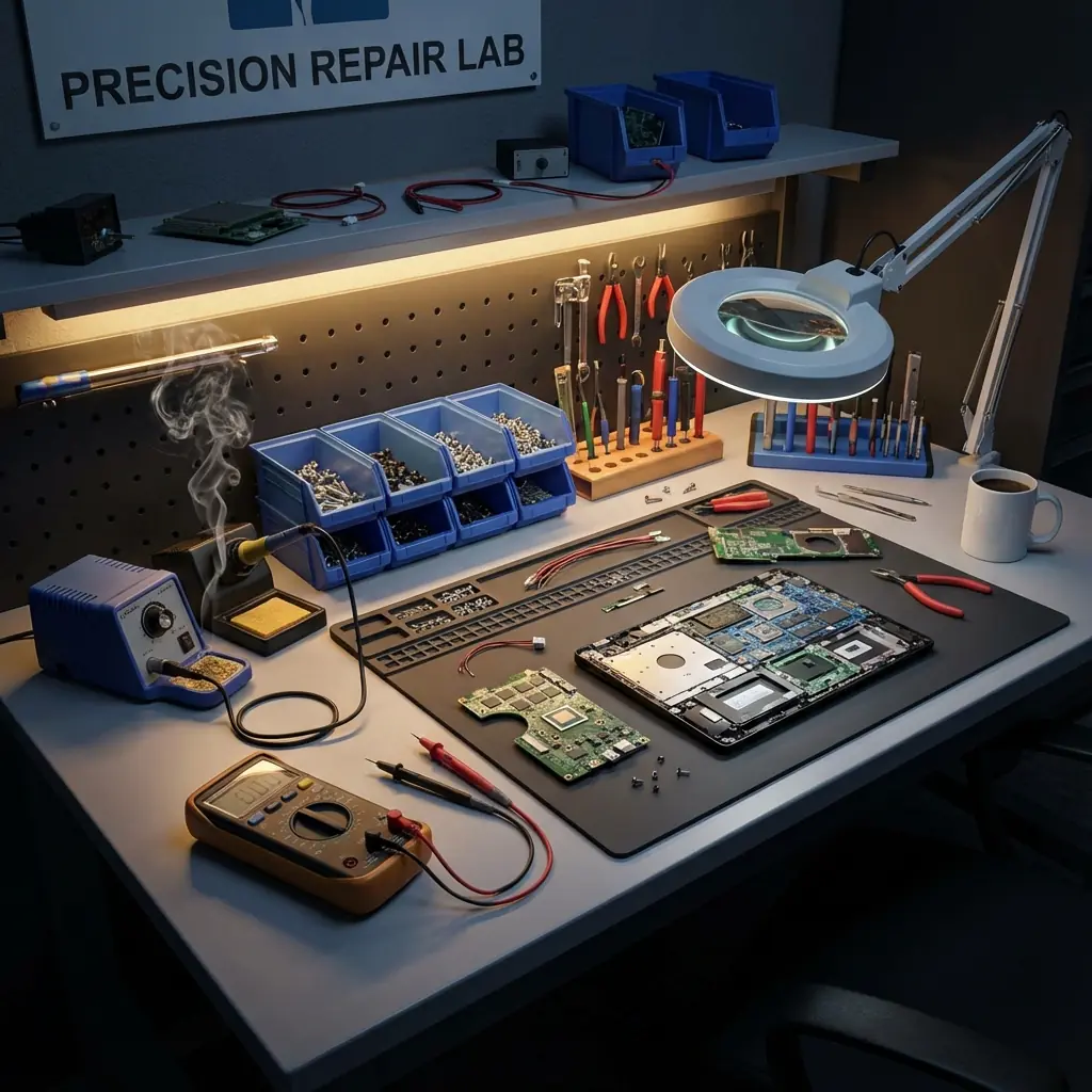 Expert hardware engineer performing diagnostics on workbench